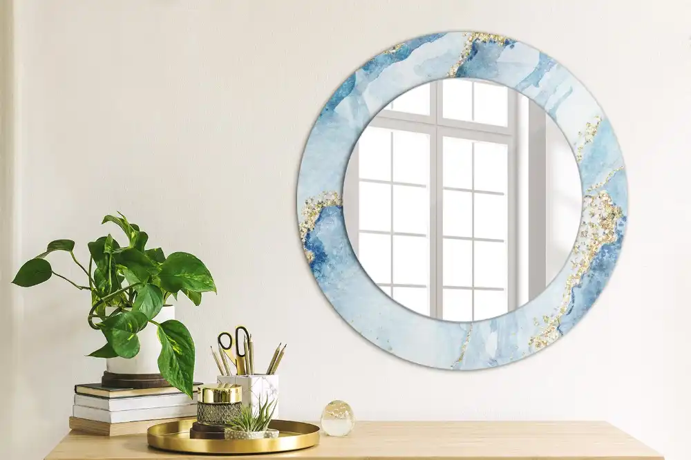 Oglindă rotundă decorativă cu aspect de marmură albastră pentru perete