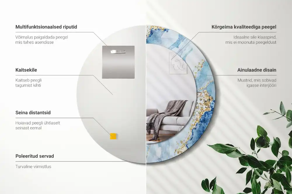 Oglindă rotundă decorativă cu aspect de marmură albastră pentru perete