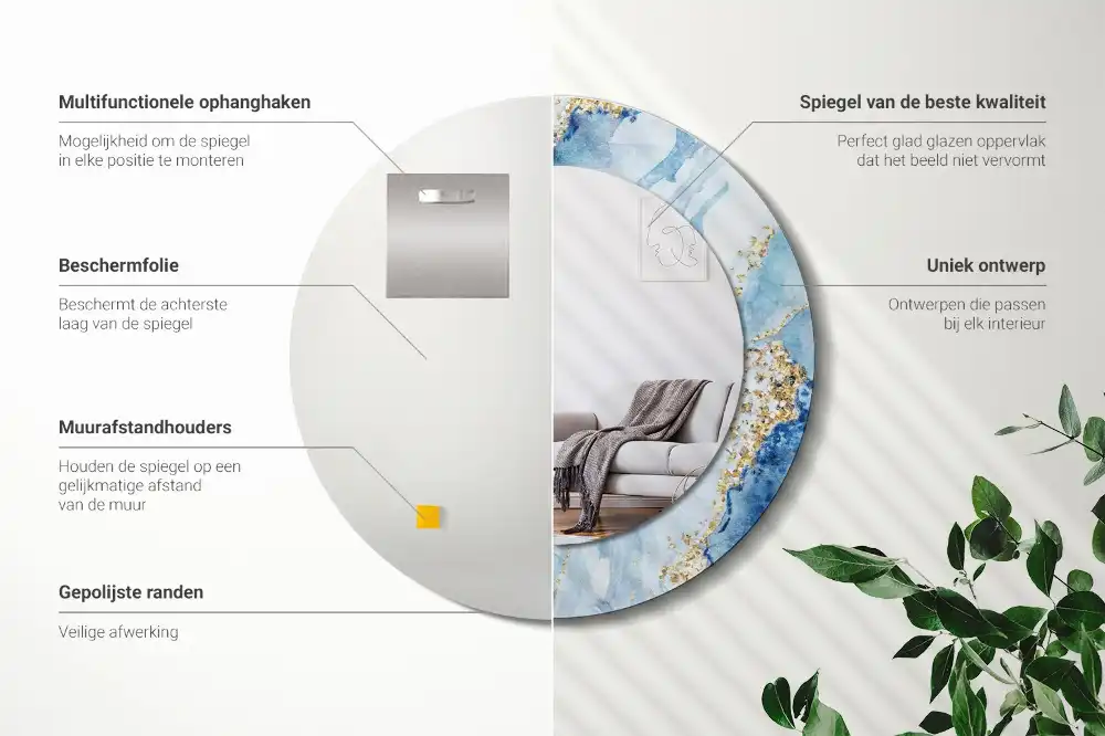 Oglindă rotundă decorativă cu aspect de marmură albastră pentru perete