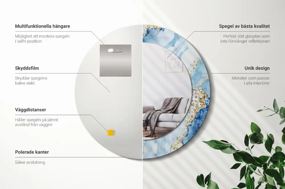 Oglindă rotundă decorativă cu aspect de marmură albastră pentru perete