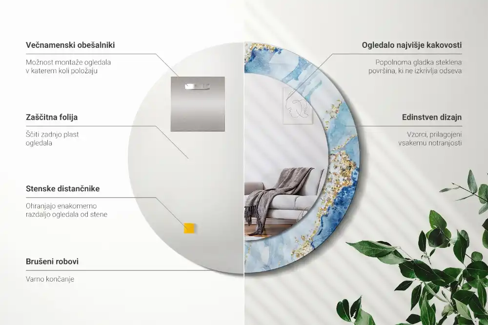 Oglindă rotundă decorativă cu aspect de marmură albastră pentru perete