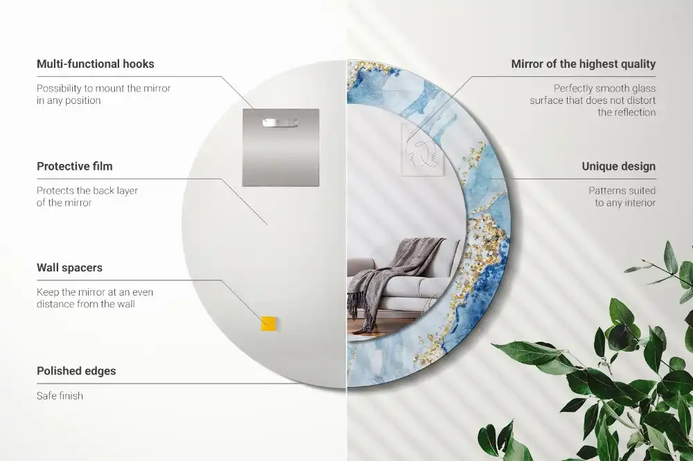 Oglindă rotundă decorativă cu aspect de marmură albastră pentru perete