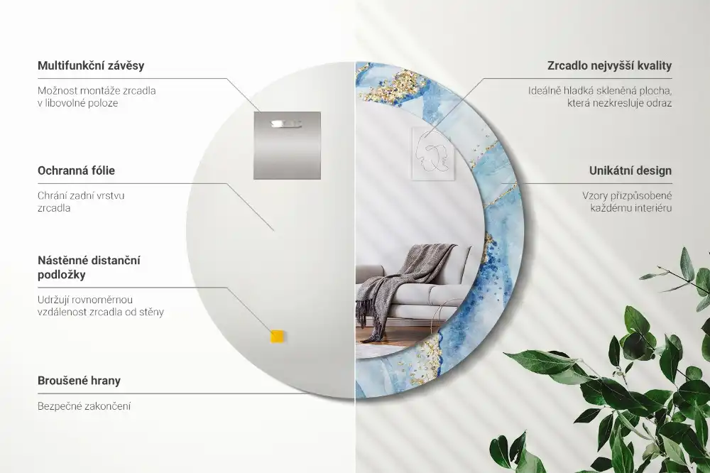 Oglindă rotundă decorativă cu aspect de marmură albastră pentru perete