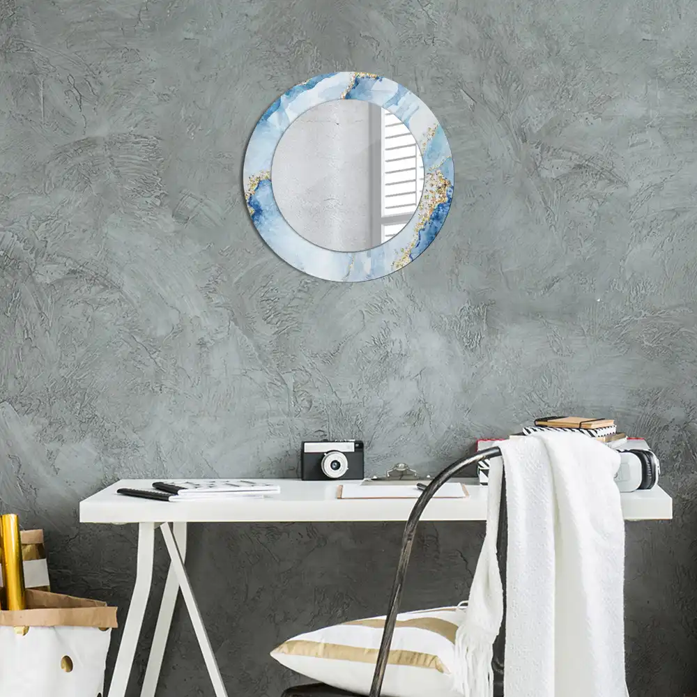 Oglindă rotundă decorativă cu aspect de marmură albastră pentru perete