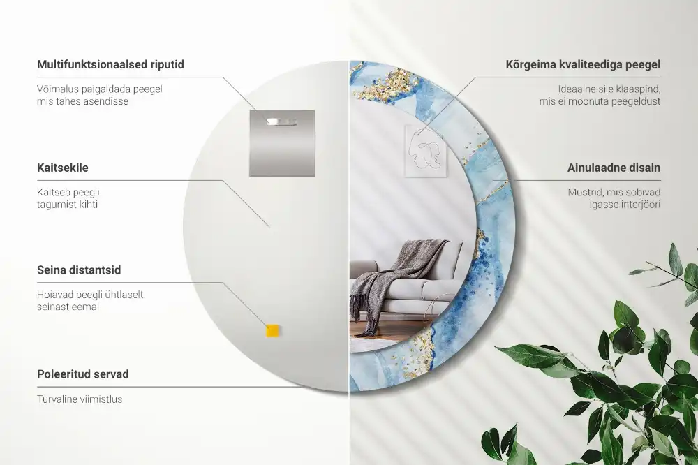 Oglindă rotundă decorativă cu aspect de marmură albastră pentru perete