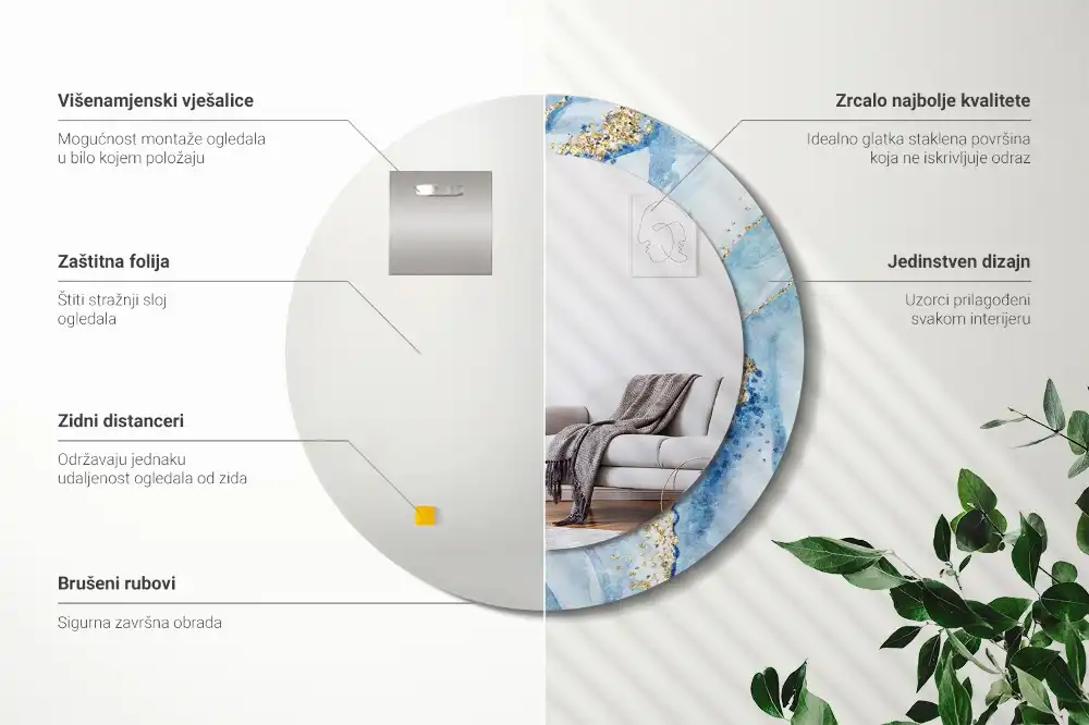 Oglindă rotundă decorativă cu aspect de marmură albastră pentru perete