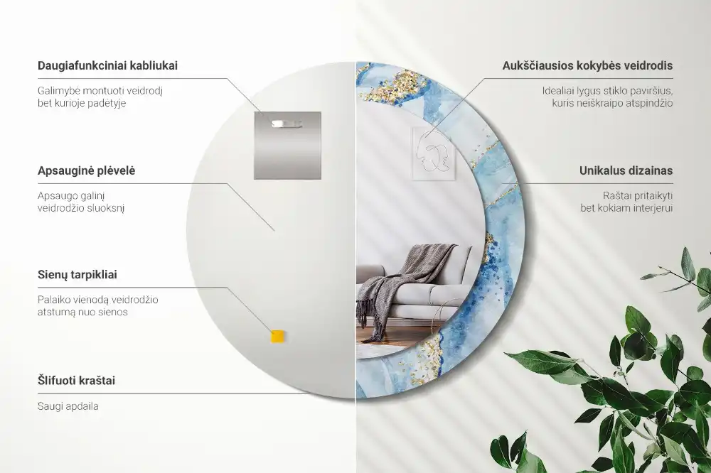 Oglindă rotundă decorativă cu aspect de marmură albastră pentru perete