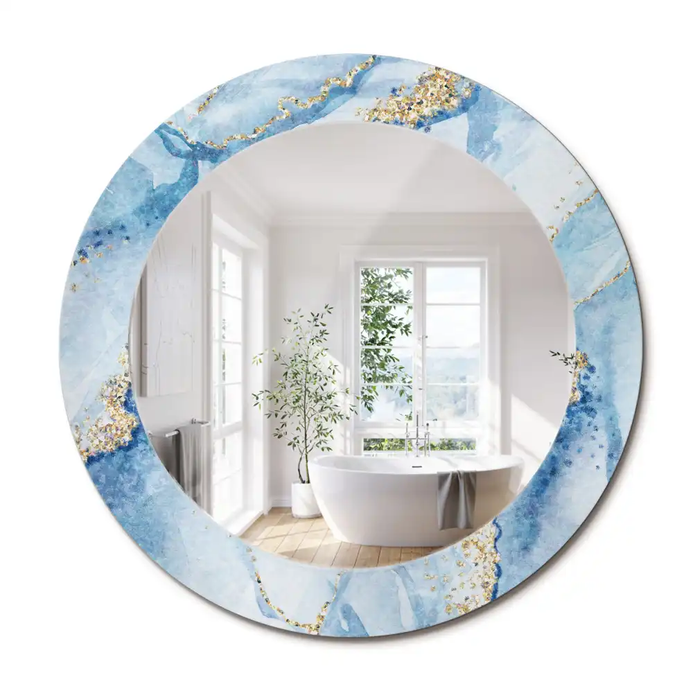 Oglindă rotundă decorativă cu aspect de marmură albastră pentru perete