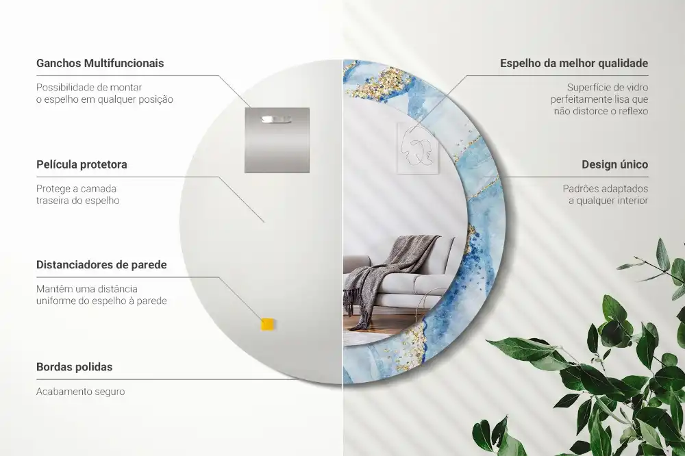 Oglindă rotundă decorativă cu aspect de marmură albastră pentru perete
