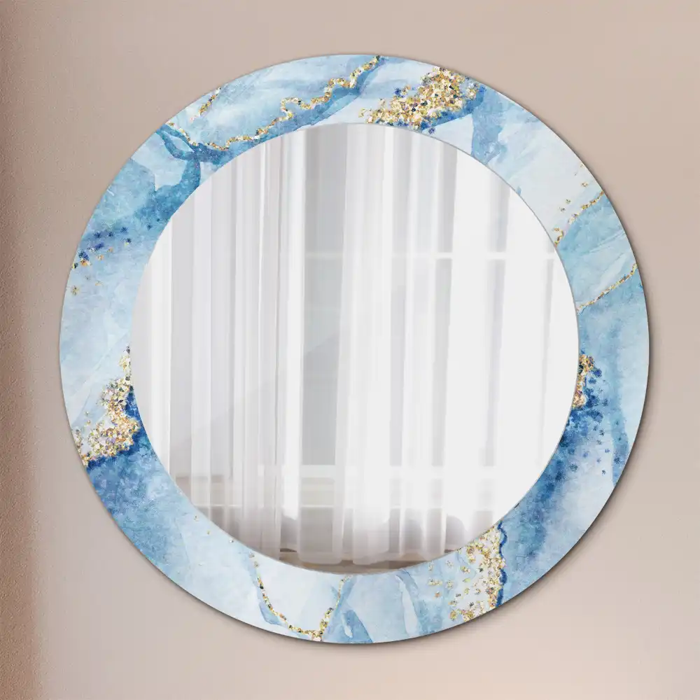 Oglindă rotundă decorativă cu aspect de marmură albastră pentru perete