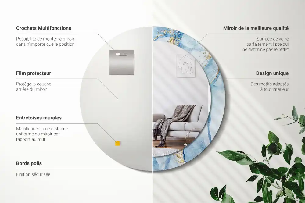 Oglindă rotundă decorativă cu aspect de marmură albastră pentru perete