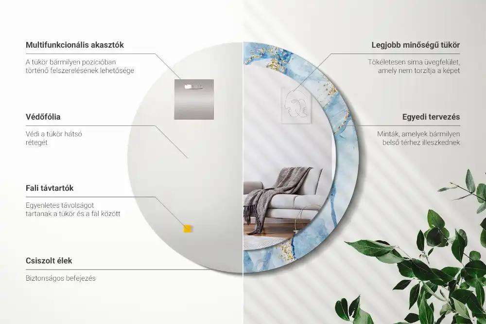 Oglindă rotundă decorativă cu aspect de marmură albastră pentru perete