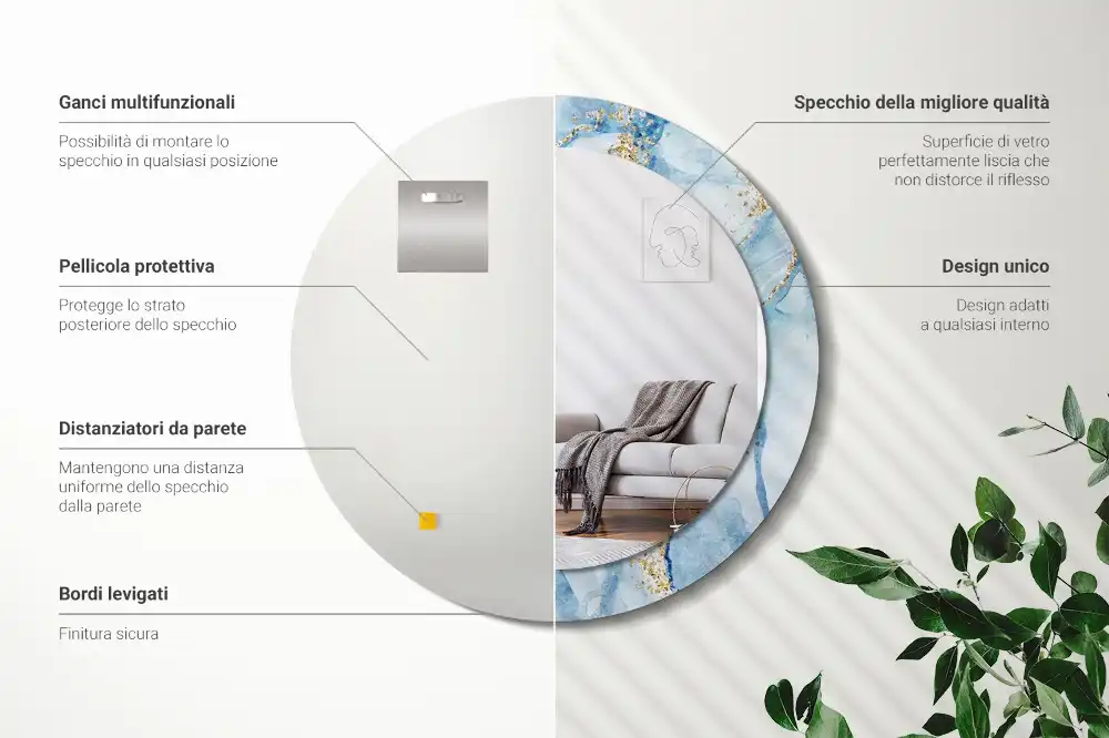 Oglindă rotundă decorativă cu aspect de marmură albastră pentru perete