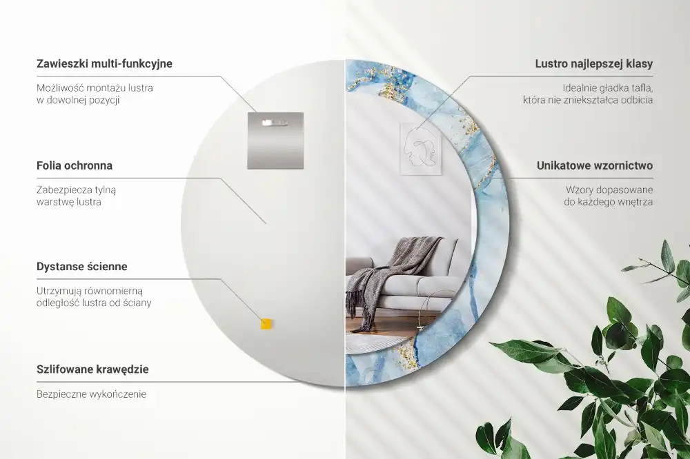 Oglindă rotundă decorativă cu aspect de marmură albastră pentru perete