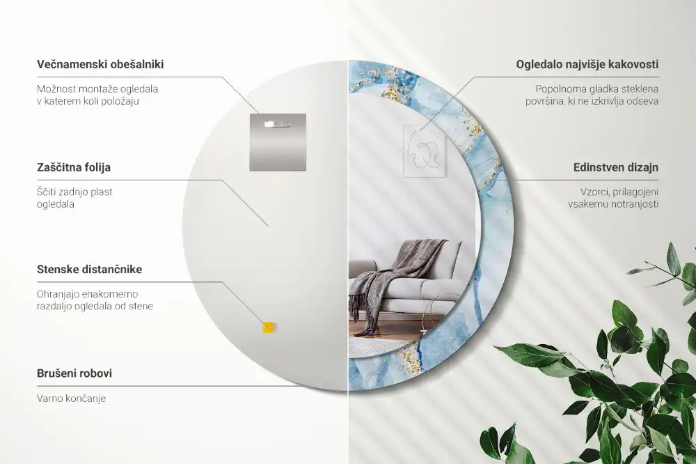 Oglindă rotundă decorativă cu aspect de marmură albastră pentru perete