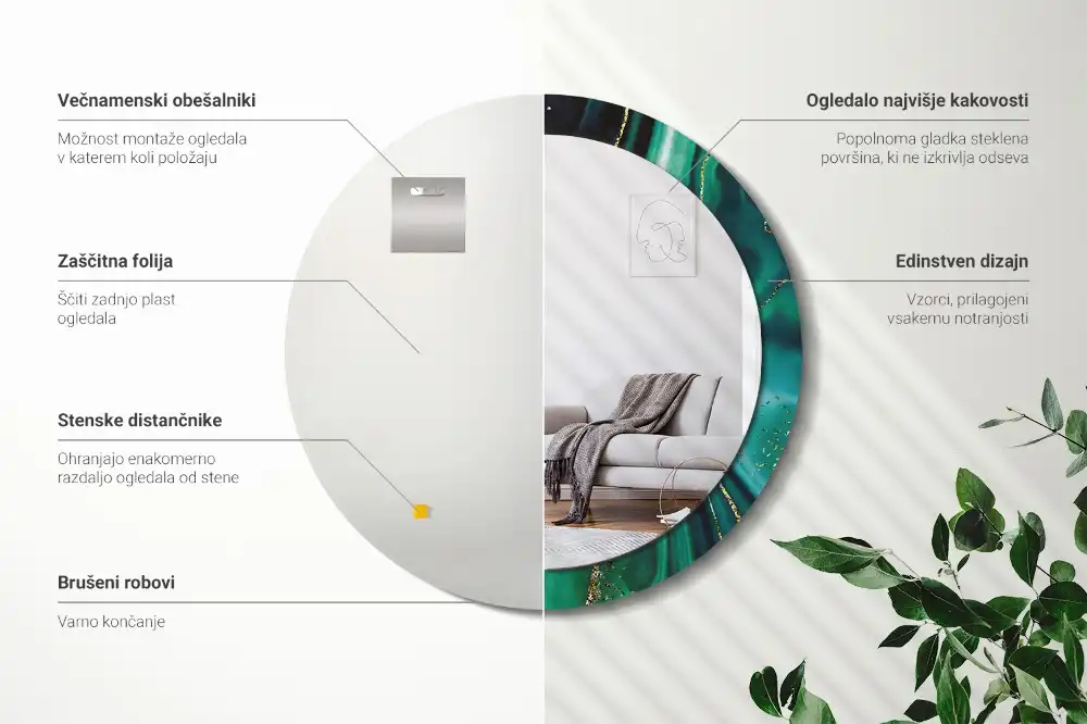 Oglindă rotundă cu ramă cu imprimeu de marmură verde smarald