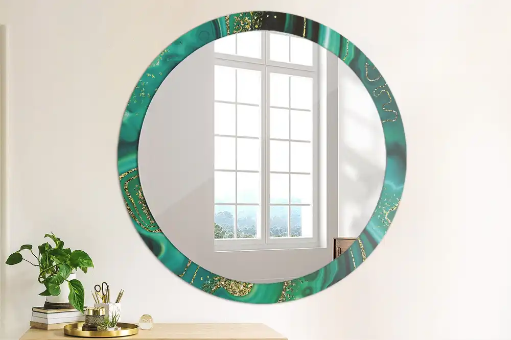 Oglindă rotundă cu ramă cu imprimeu de marmură verde smarald