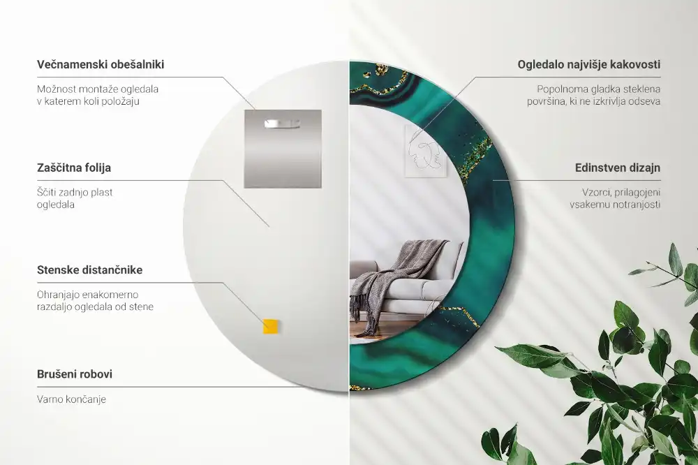 Oglindă rotundă cu ramă cu imprimeu de marmură verde smarald