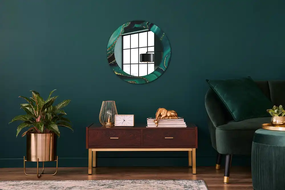 Oglindă rotundă cu ramă cu imprimeu de marmură verde smarald