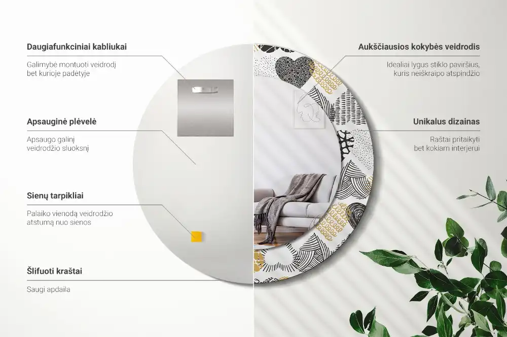 Oglindă decorativă rotundă cu design doodle și inimioare