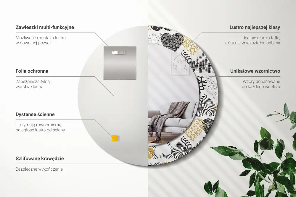 Oglindă decorativă rotundă cu design doodle și inimioare