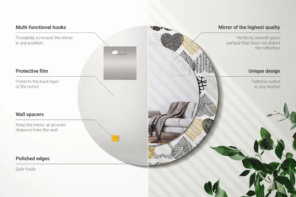 Oglindă decorativă rotundă cu design doodle și inimioare