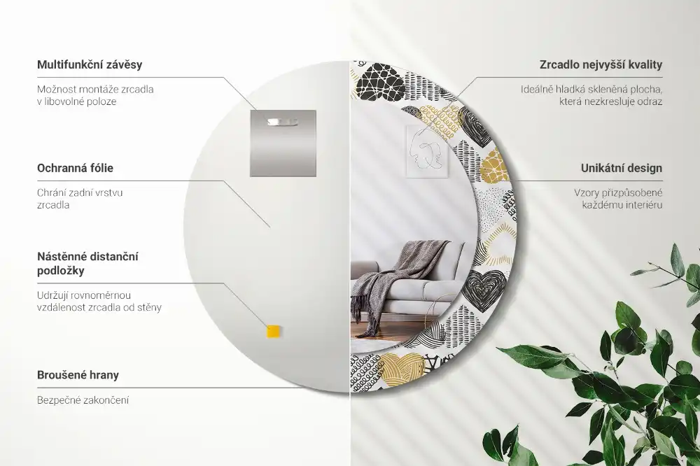 Oglindă decorativă rotundă cu design doodle și inimioare