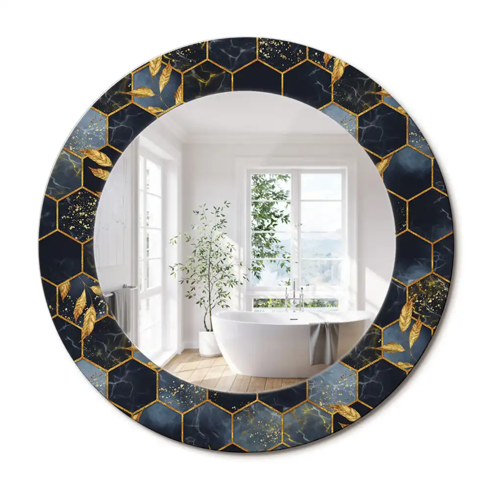 Oglindă decorativă de perete rotundă cu imprimeu hexagonal de marmură
