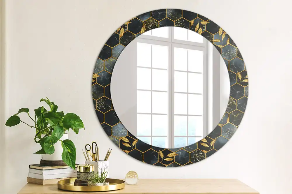 Oglindă decorativă de perete rotundă cu imprimeu hexagonal de marmură