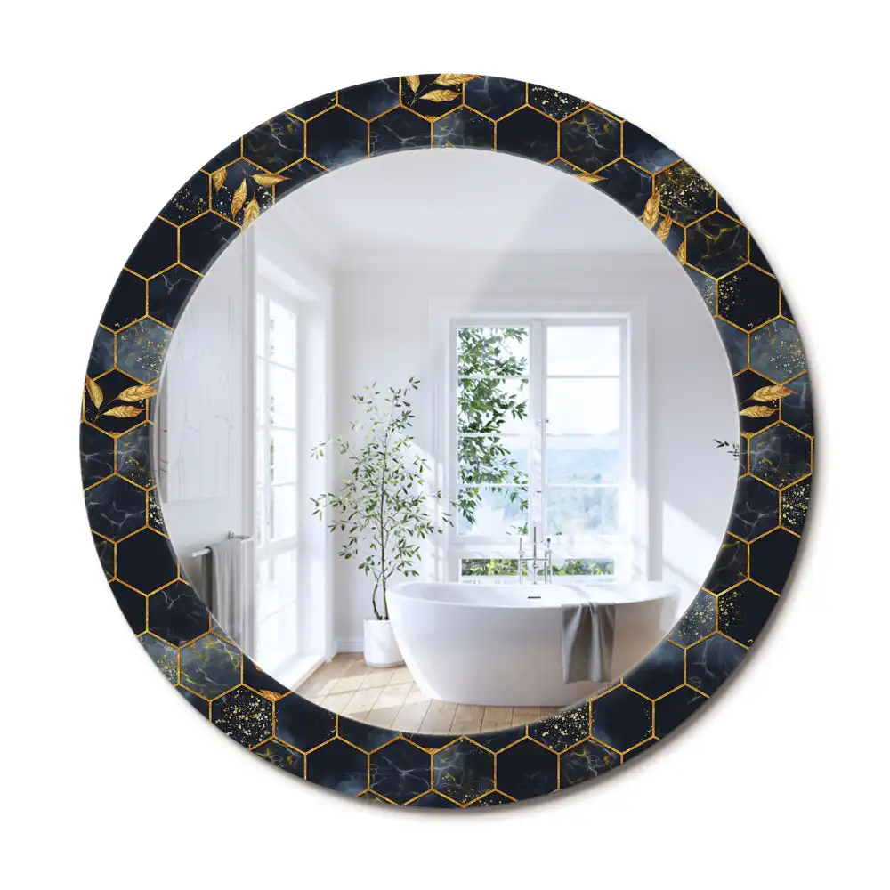 Oglindă decorativă de perete rotundă cu imprimeu hexagonal de marmură