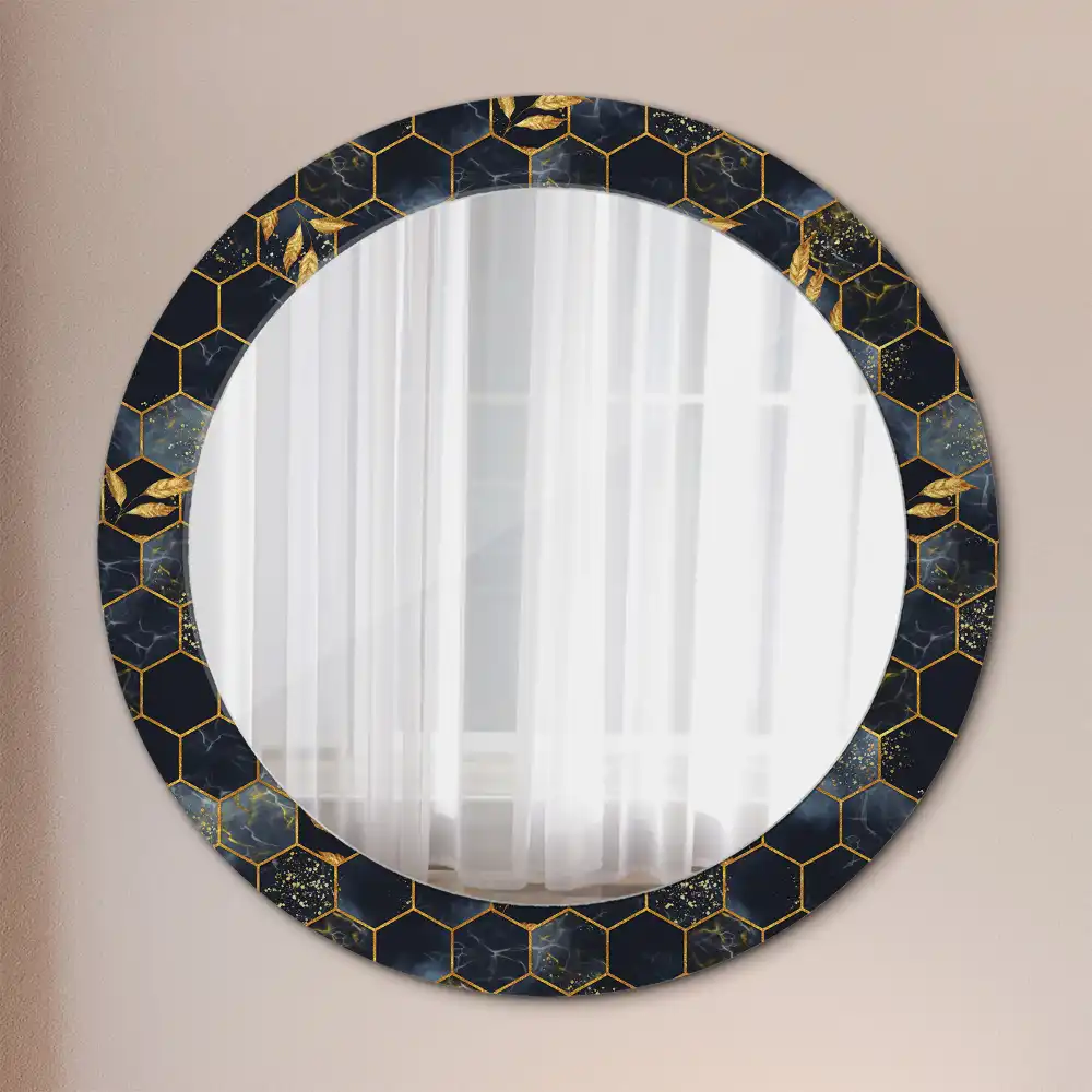 Oglindă decorativă de perete rotundă cu imprimeu hexagonal de marmură