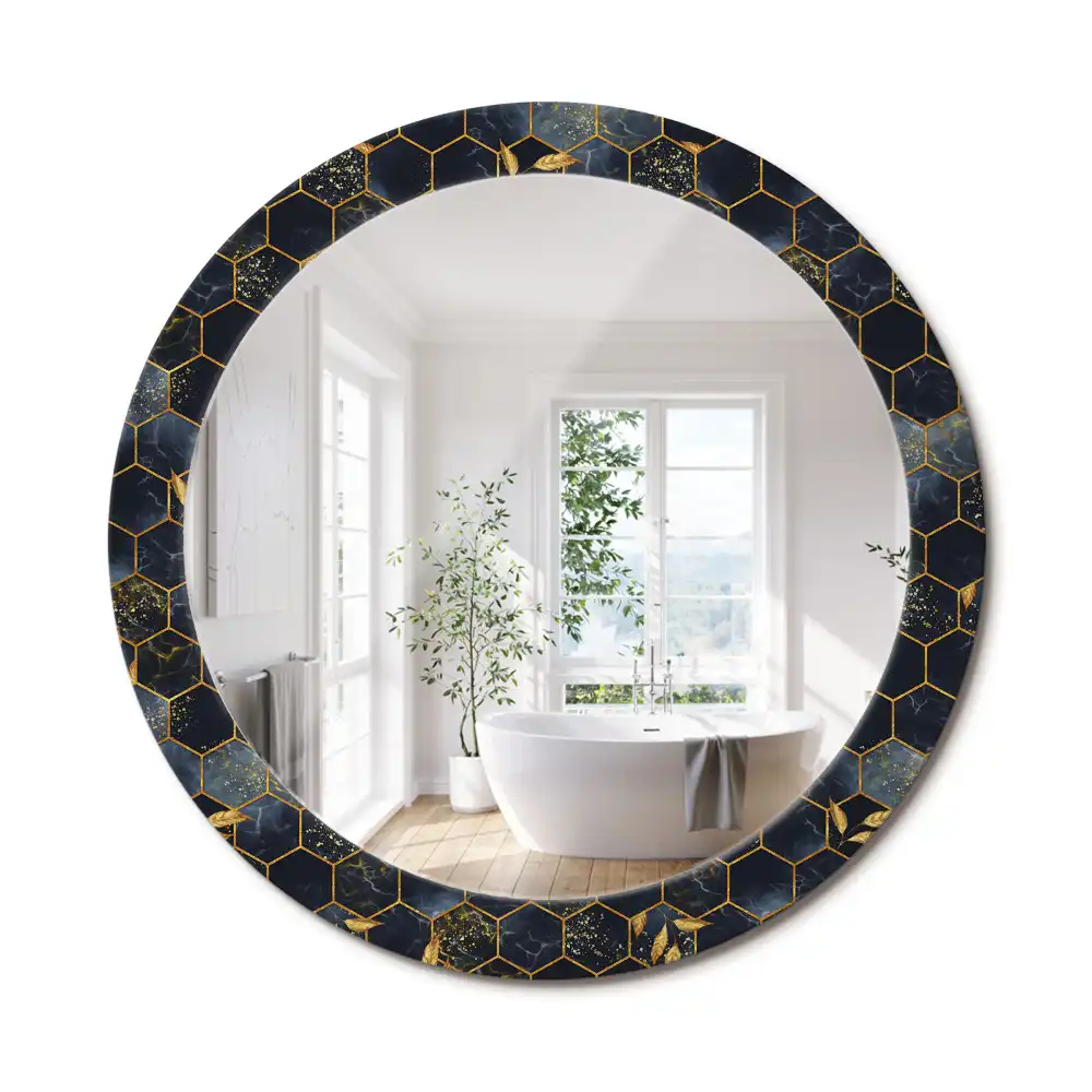 Oglindă decorativă de perete rotundă cu imprimeu hexagonal de marmură