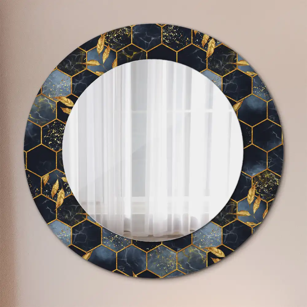 Oglindă decorativă de perete rotundă cu imprimeu hexagonal de marmură