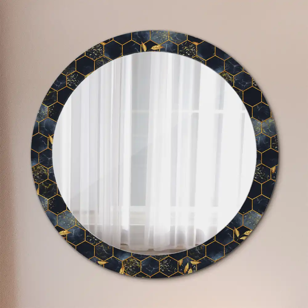 Oglindă decorativă de perete rotundă cu imprimeu hexagonal de marmură