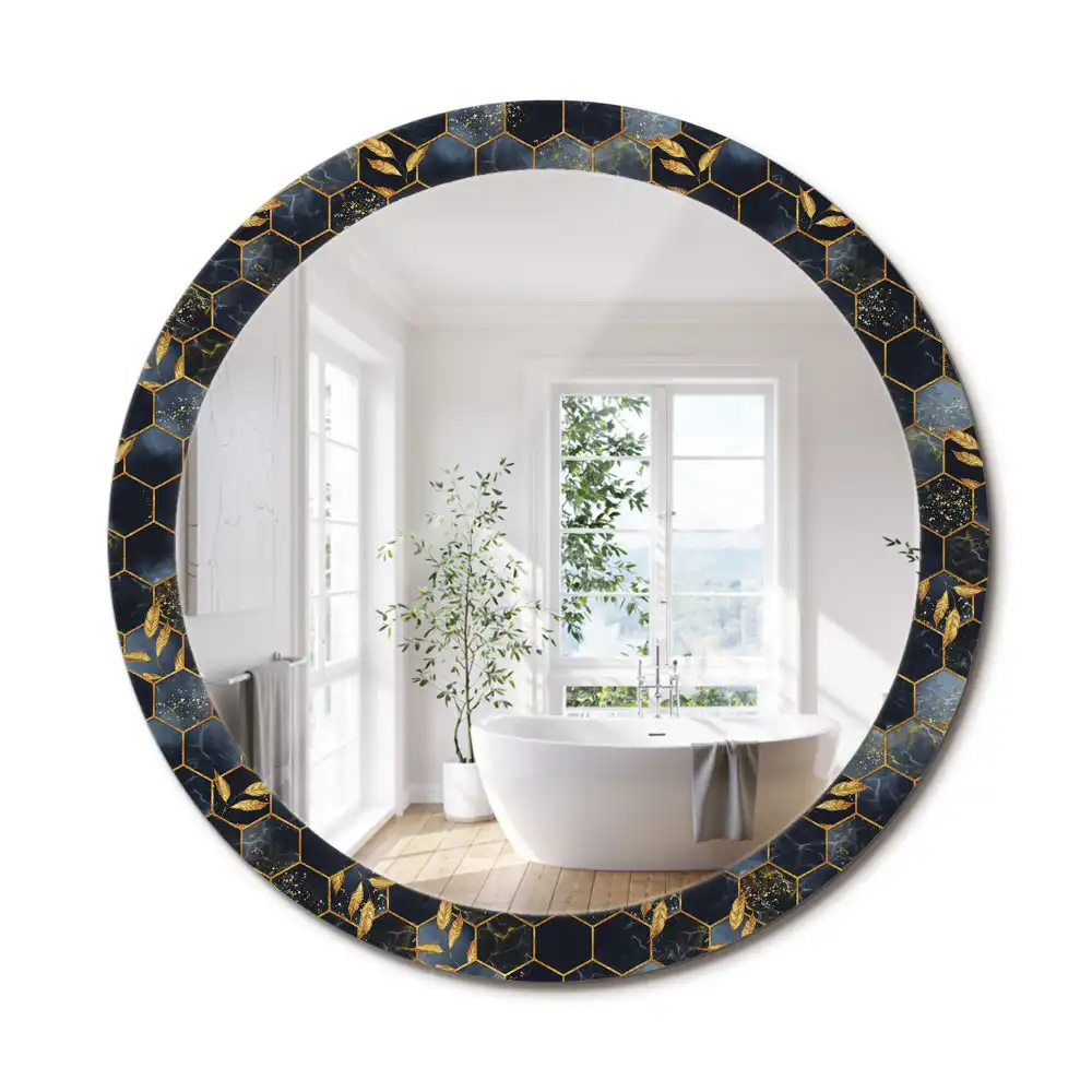 Oglindă decorativă de perete rotundă cu imprimeu hexagonal de marmură