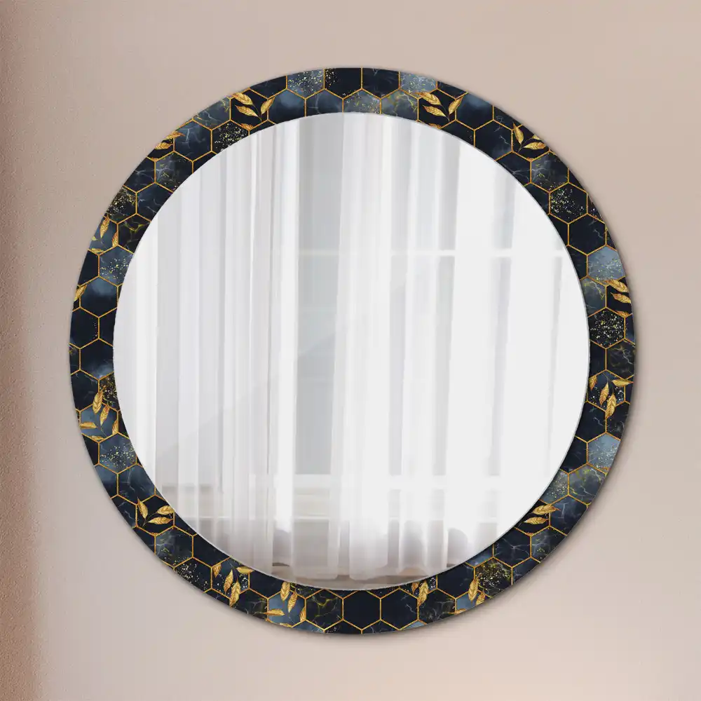 Oglindă decorativă de perete rotundă cu imprimeu hexagonal de marmură