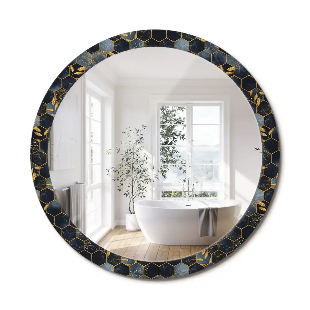 Oglindă decorativă de perete rotundă cu imprimeu hexagonal de marmură