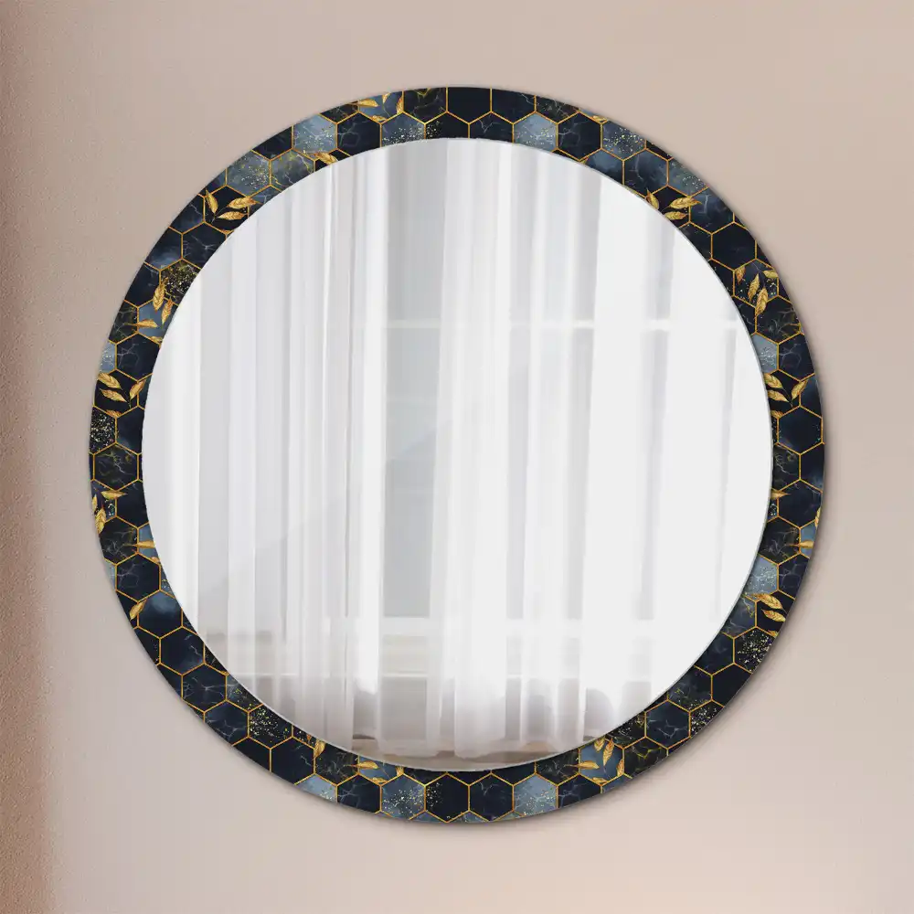 Oglindă decorativă de perete rotundă cu imprimeu hexagonal de marmură