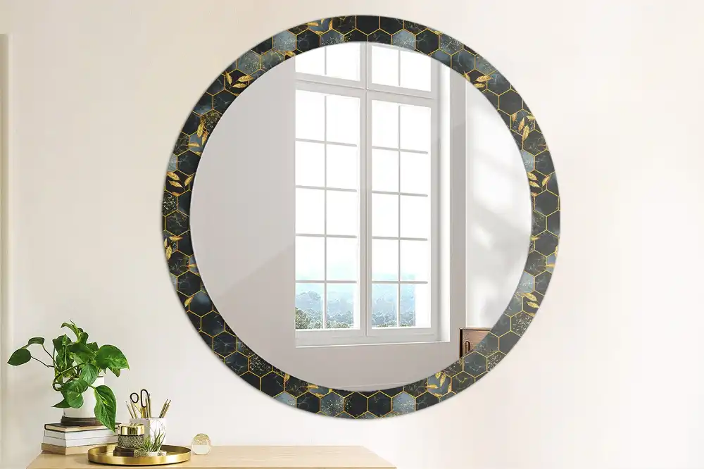 Oglindă decorativă de perete rotundă cu imprimeu hexagonal de marmură
