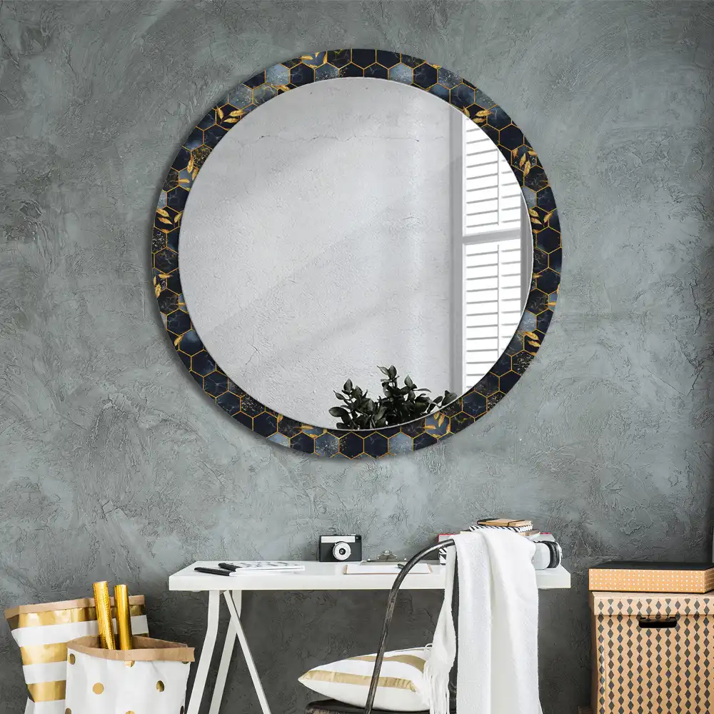 Oglindă decorativă de perete rotundă cu imprimeu hexagonal de marmură