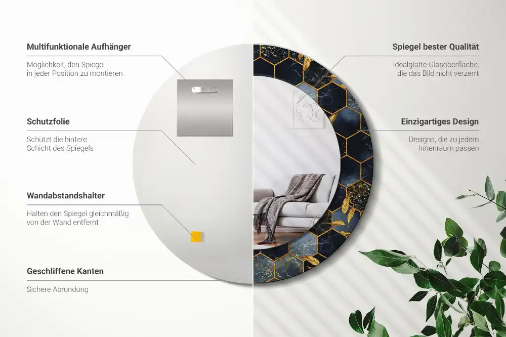Oglindă decorativă de perete rotundă cu imprimeu hexagonal de marmură