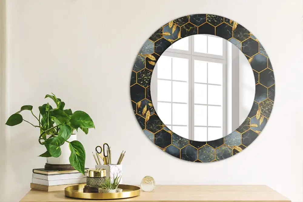 Oglindă decorativă de perete rotundă cu imprimeu hexagonal de marmură