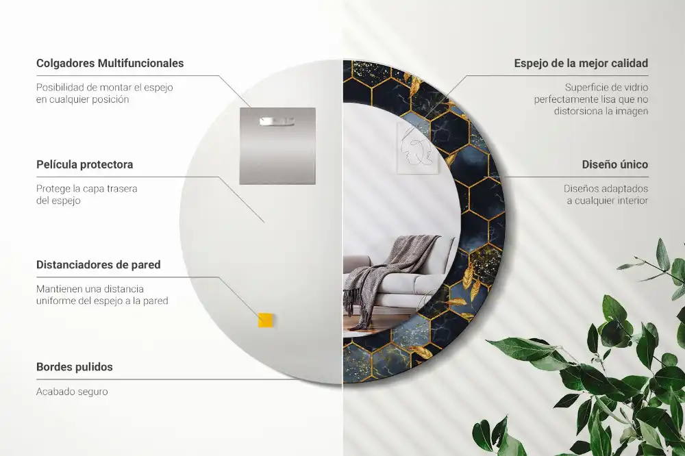 Oglindă decorativă de perete rotundă cu imprimeu hexagonal de marmură