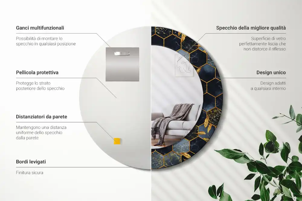 Oglindă decorativă de perete rotundă cu imprimeu hexagonal de marmură