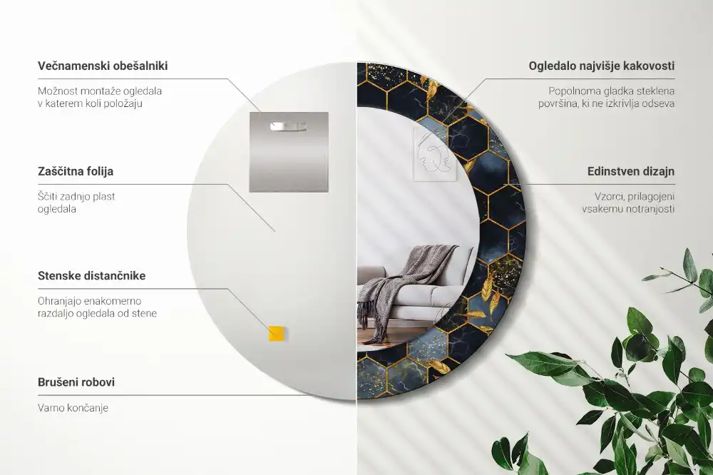 Oglindă decorativă de perete rotundă cu imprimeu hexagonal de marmură