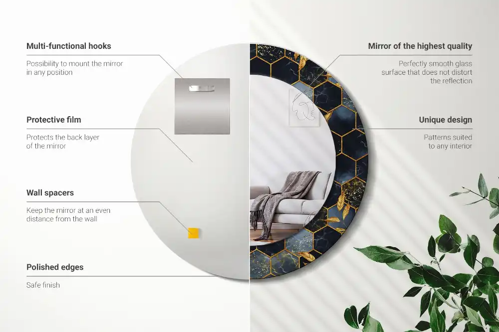 Oglindă decorativă de perete rotundă cu imprimeu hexagonal de marmură