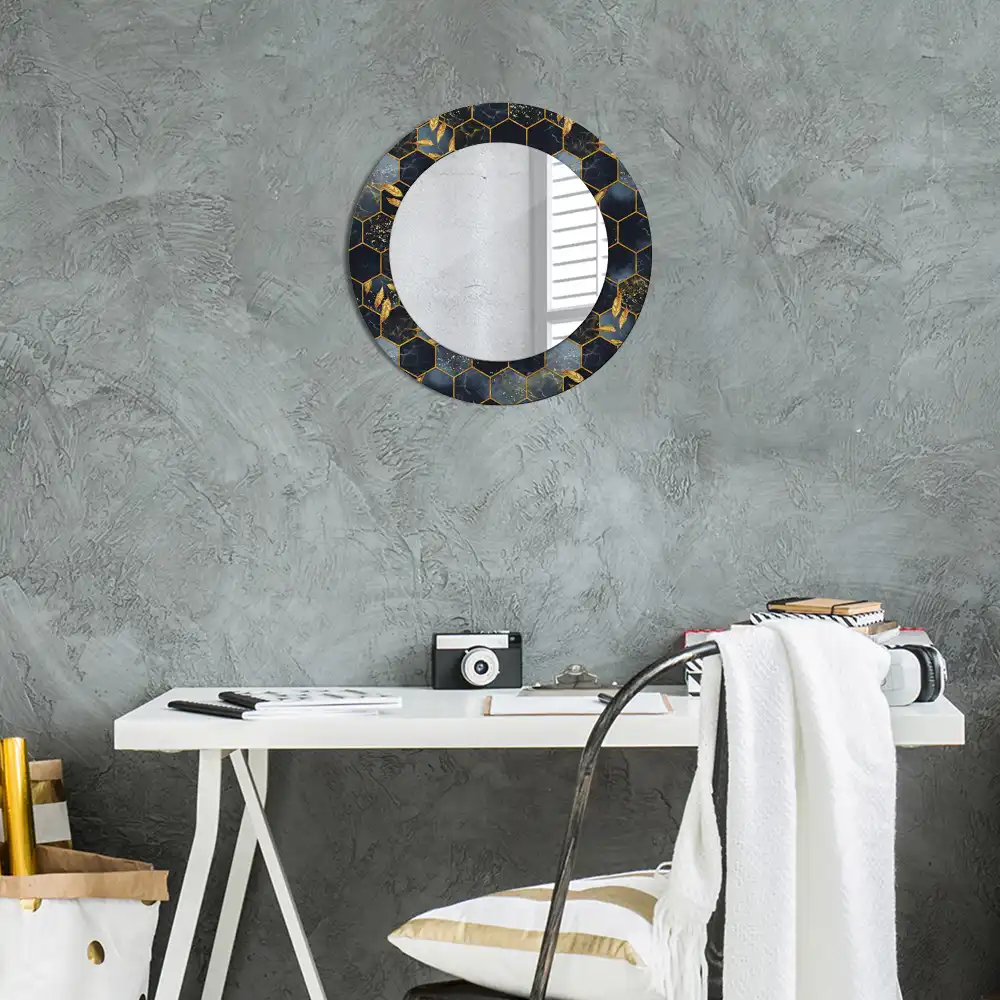 Oglindă decorativă de perete rotundă cu imprimeu hexagonal de marmură