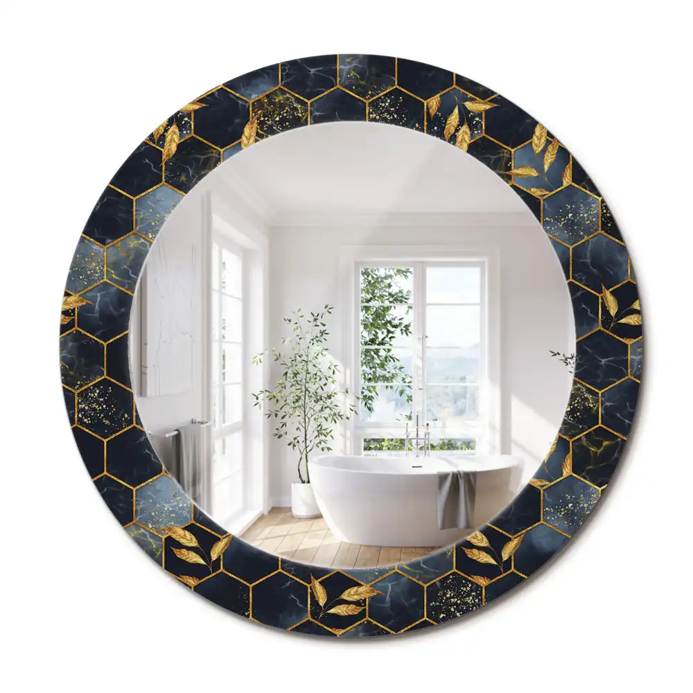 Oglindă decorativă de perete rotundă cu imprimeu hexagonal de marmură