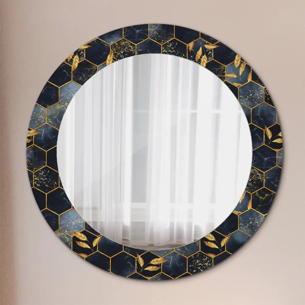 Oglindă decorativă de perete rotundă cu imprimeu hexagonal de marmură