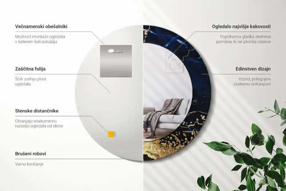 Oglinda rotunda imprimata marmură albastră